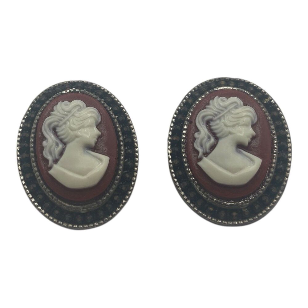 Vintage Ornate Silver Tone Faux Cameo Pierced Earrings